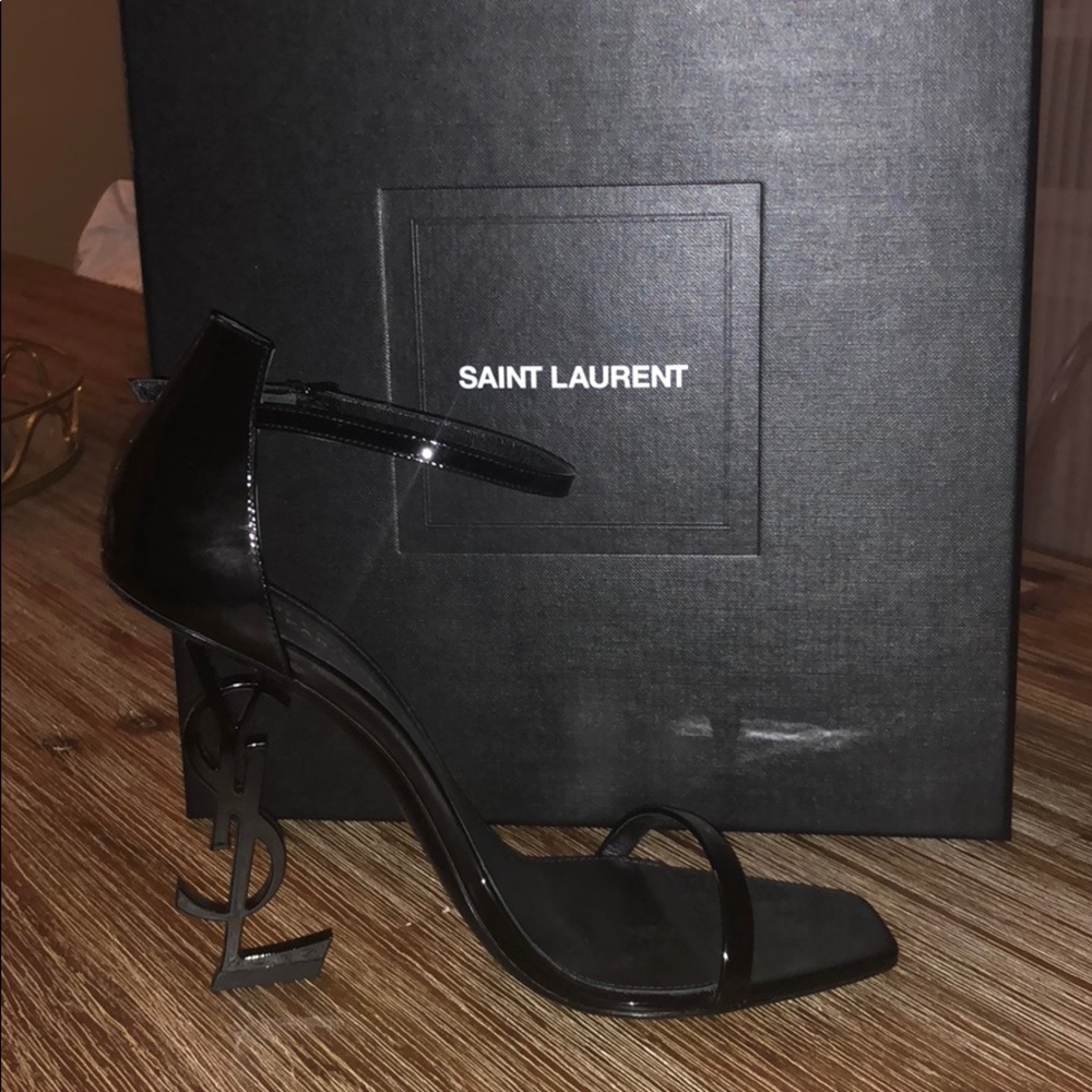 Yves Saint Laurent Black Patent Leather Opyum Logo Heel Sandals